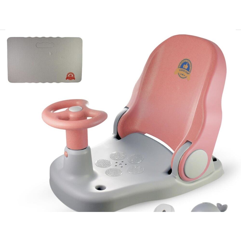 VANDJAM ™ Baby Bath Seat with Foam Kneeler Pad, Thermometer & Bath Toy – Pink